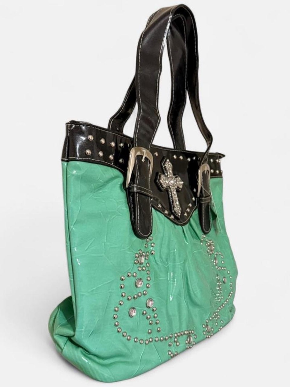 Vintage Y2K Deadstock Turquoise Faux Leather Cross Rhinestone Mcbling Purse - Picture 4 of 8